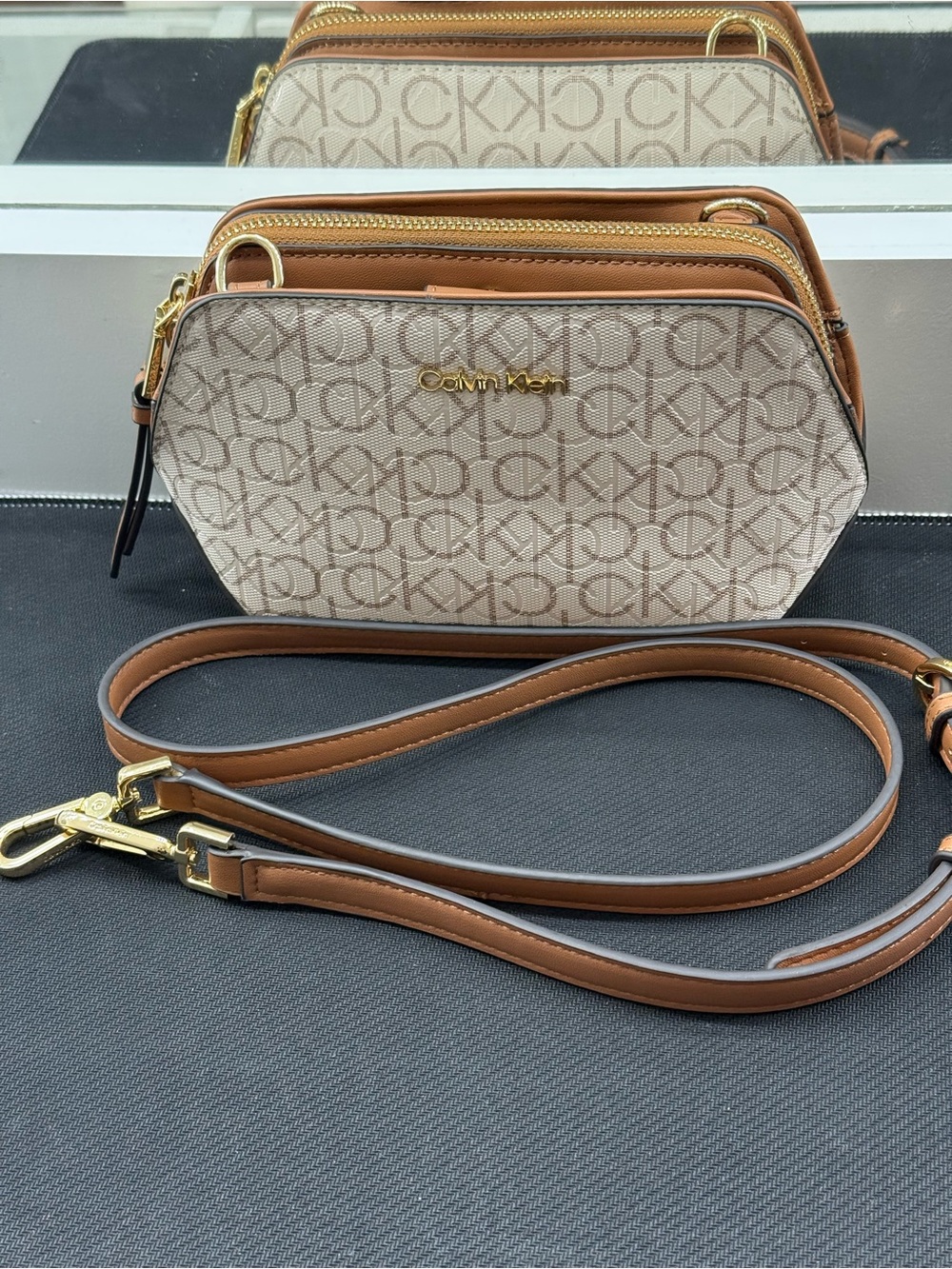Original Calvin Klein Beige & Brown Logo Crossbody Bag with Gold Hardware